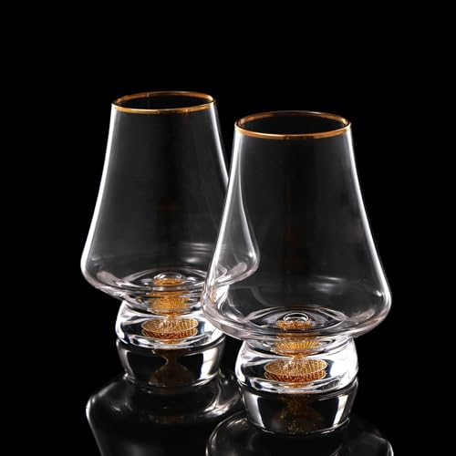 DUJUST Crystal Snifter Glasses Set of 2 (8oz) - Gold Leaf Flakes & Handcrafted Rim, Luxury Whiskey & Brandy Glasses for Spirits, Gift Box Included