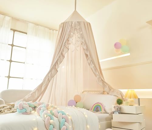 Ruffled Bed Canopy for Girls - Hanging Dome Princess Curtain & Play Tent (Ivory)