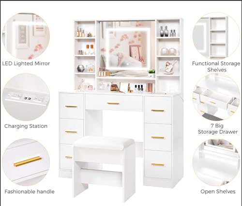 White Makeup Vanity Desk with Lighted Mirror, Charging Station & Stool