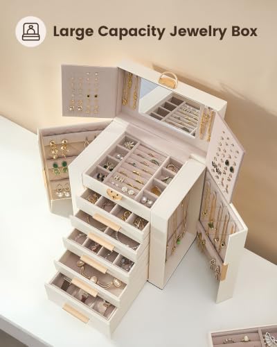 6-Layer Large Jewelry Box Organizer with 5 Drawers, Mirror and Lock, Beige