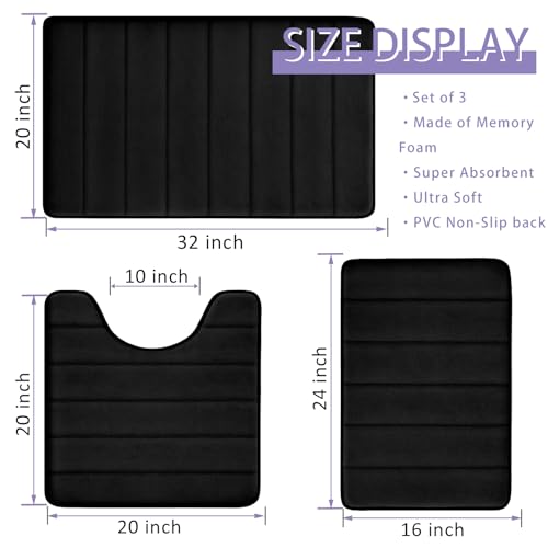 RUN HELIX 3-Piece Memory Foam Bathroom Rug Set Non-Slip Black