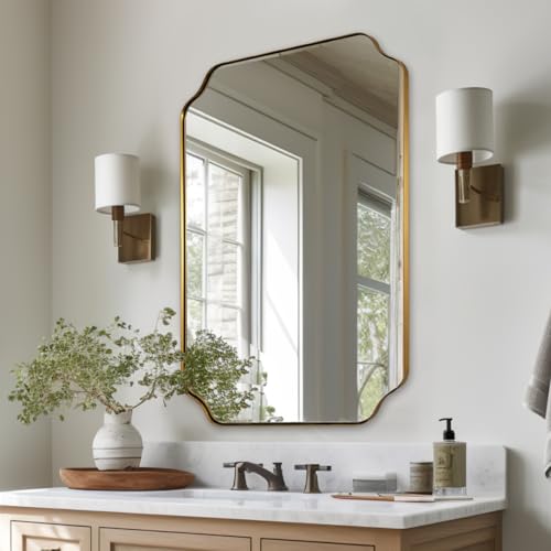 24x36 Brushed Gold Scalloped Wall Mirror for Bathroom and Vanity