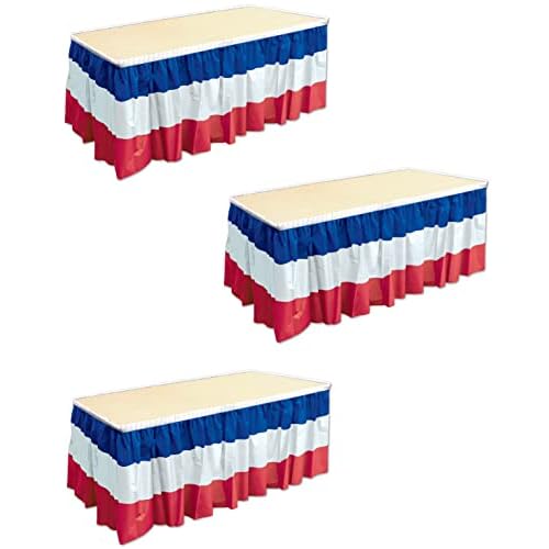 Beistle 3-Pack Plastic Patriotic Table Skirts, Red, White, & Blue, Fourth of July & Memorial Day Party Supplies, France Themed Party Decor, 29" x 14'