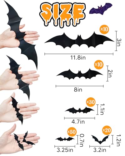 120 Pcs 3D Halloween Bat Wall Decor, Waterproof PVC Scary Bat Stickers