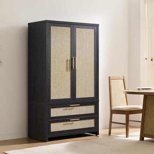 Rattan Armoire Wardrobe Closet with Drawers - 71-inch Boho Storage Cabinet