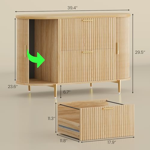 SEDETA Natural Fluted 2-Drawer File Cabinet with Sliding Doors for Home Office