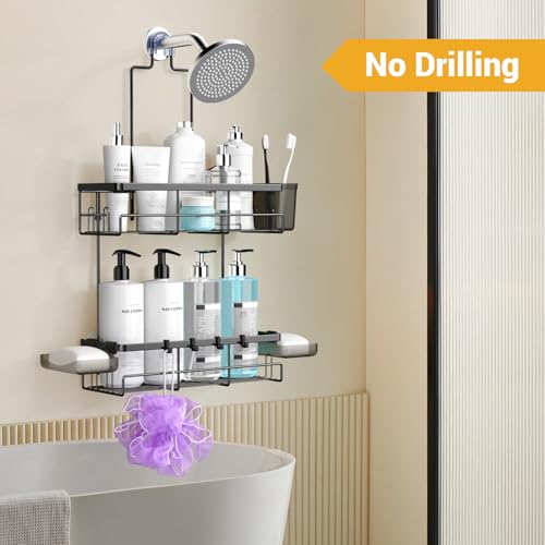Hanging Shower Caddy Over Showerhead - Rustproof No Drill 2-Tier Organizer