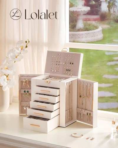 6-Layer Large Jewelry Box Organizer with 5 Drawers, Mirror and Lock, Beige