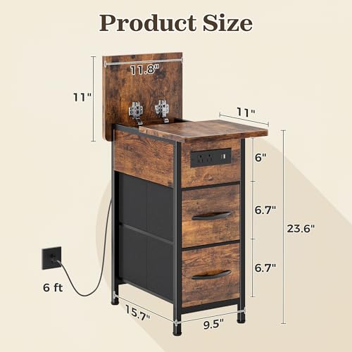 Narrow End Table with Charging Station, 2 Drawers & Flip-Top Storage