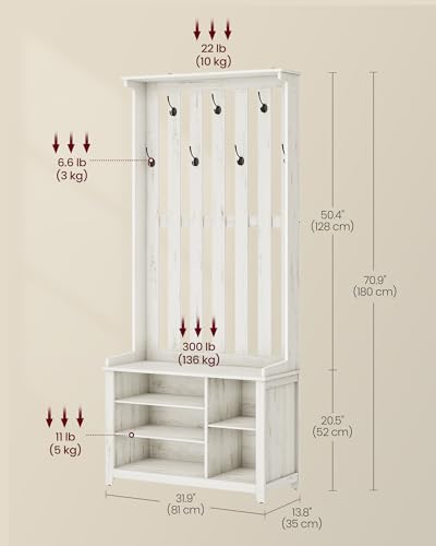 Rustic Hall Tree with Shoe Storage Bench and 7 Coat Hooks, White