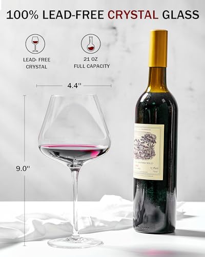 Set of 4 Hand-Blown 21 oz Crystal Burgundy Wine Glasses - Lead-Free