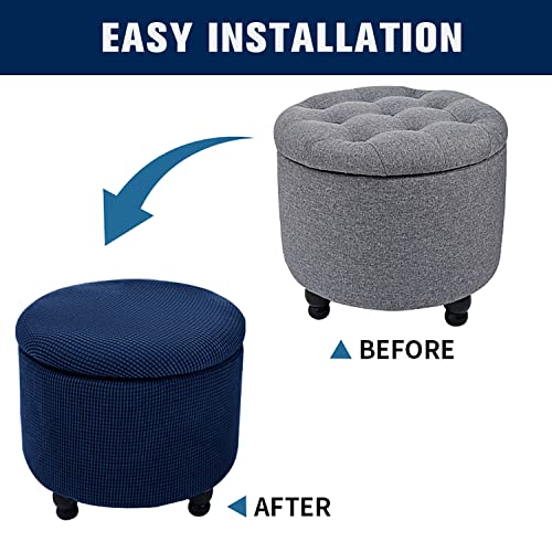 2-Piece Stretch Ottoman Cover with Storage - Removable & Washable Protector (Navy Blue)