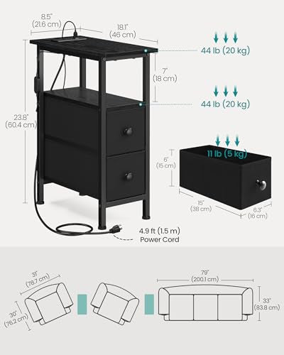 Narrow Side Table with LED Light & Charging Station, 2-Drawer Nightstand