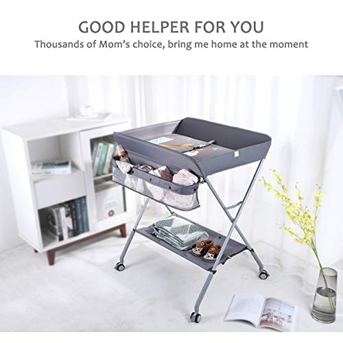 Portable Baby Changing Table with Storage, Adjustable Height Nursery Station
