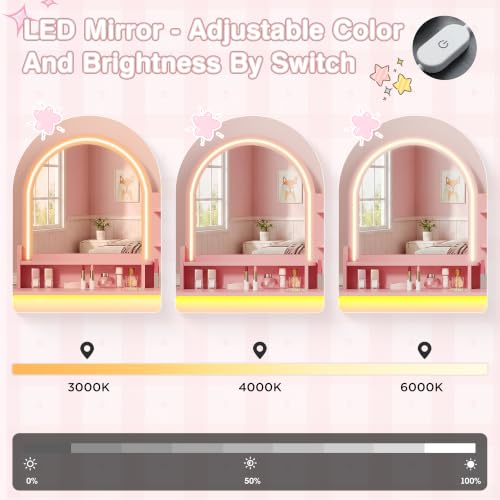 Kids Vanity Desk with LED Mirror, Bookshelf, and Chair Set - Pink