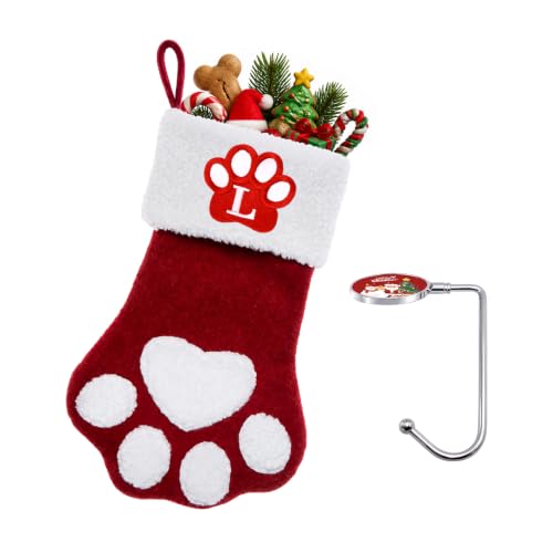 Ulico Large Red Dog & Cat Christmas Stocking with Initial L, Paw Shaped Embroidered Holiday Decor