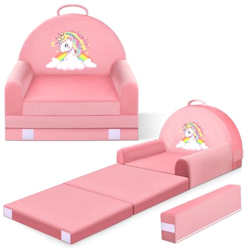 Unicorn Foldable Kids Sofa Bed, Washable Toddler Chair for Play and Naps