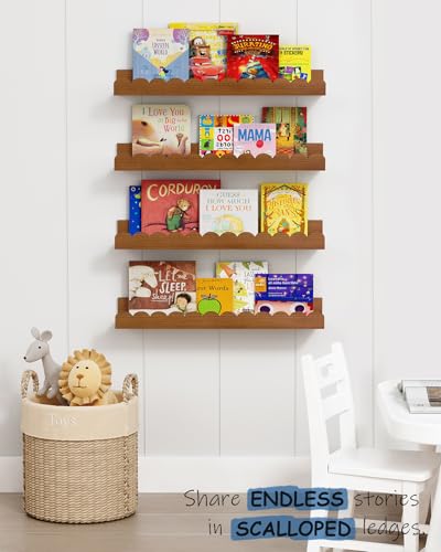 Scalloped Wooden Floating Wall Shelves for Nursery - Set of 4, Walnut