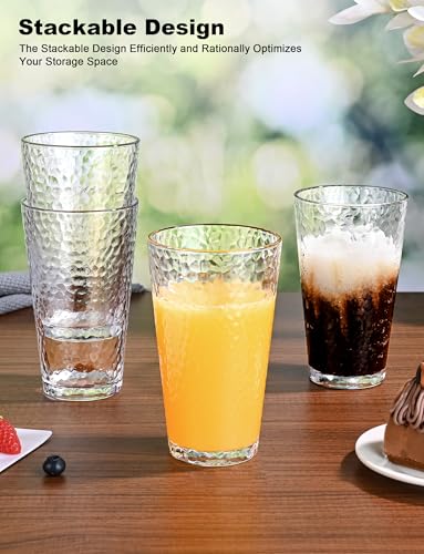 Hammered Highball Drinking Glasses Set of 8, 16oz Clear Glass Cups
