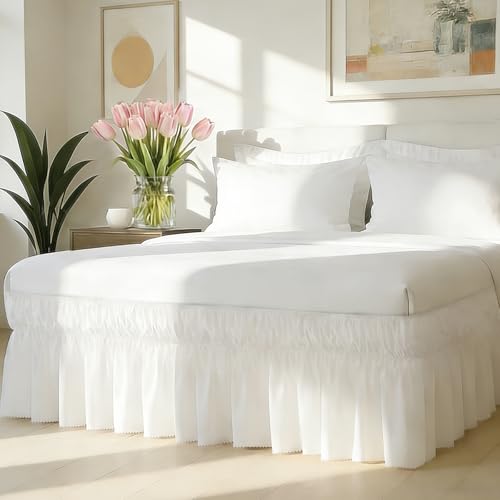 Queen Wrap-Around Bed Skirt with Elastic Strap - 16 Inch Drop Ruffle White