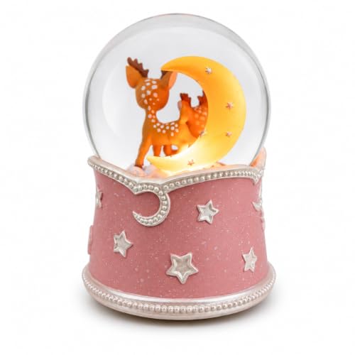Pink Deer Snow Globe Music Box with Glowing Moon and Stars