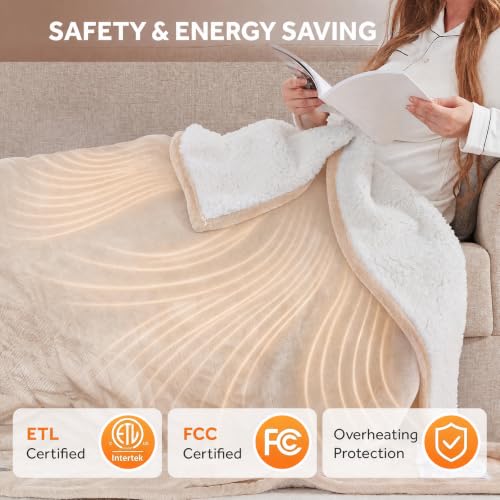 Heated Throw Blanket - 50x60 Inch, Soft Flannel & Sherpa, 6 Heat Levels