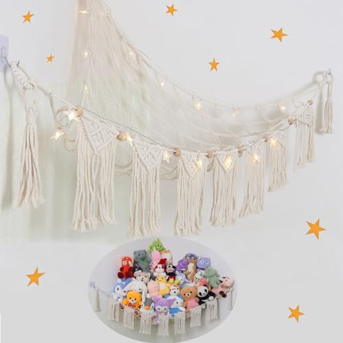 Large Macrame Stuffed Animal Hammock with LED Lights, Boho Toy Organizer