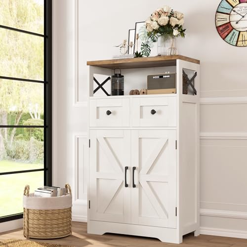 Farmhouse Storage Cabinet with 2 Drawers and Barn Doors, White Pantry