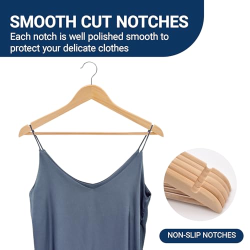 Natural Wooden Coat Hangers 30 Pack, Heavy Duty Wood Suit Hangers with Non-Slip Pants Bar