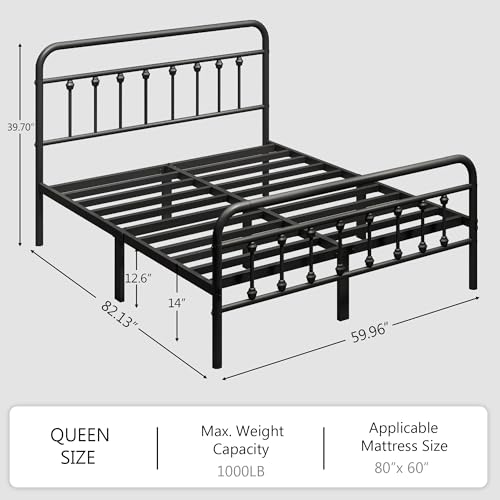 Queen Size Metal Platform Bed Frame with Headboard and Footboard, Black