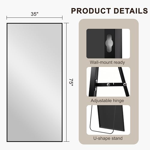 75" x 35" Full Length Floor Mirror with Stand, Shatterproof HD Glass