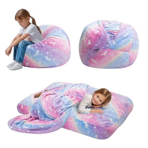 Convertible Kids Bean Bag Chair Bed - Glow-in-the-Dark Unicorn Sofa