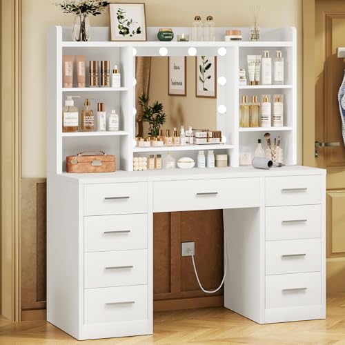 Large Vanity Desk with Lighted Mirror, 9 Drawers and Power Outlets