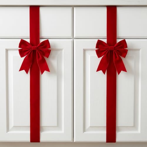 9 Pcs Christmas Red Velvet Cabinet Bows with Adjustable Ribbons - Holiday Kitchen Decor