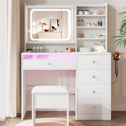 39.4-Inch Vanity Desk with Glass Top, LED Mirror, Charging Station & Stool