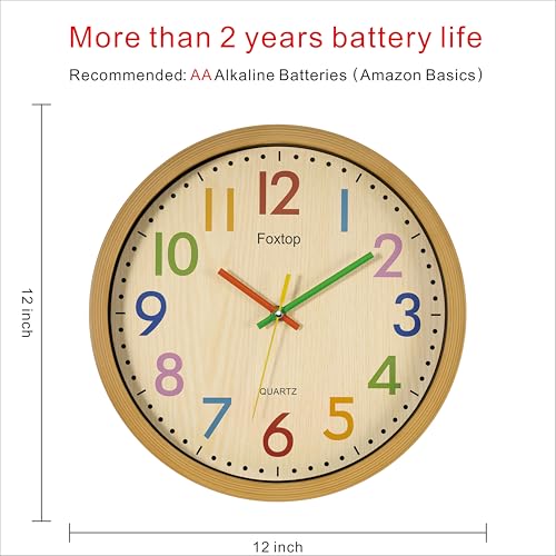 12-Inch Silent Colorful Wall Clock for Kids Nursery and Classroom