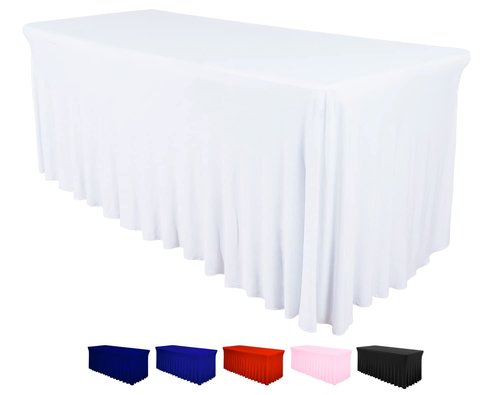 Destination 6ft Rectangular Table Skirt - Wedding Spandex Table Covers - One Piece Fitted Stretchy Tablecloth - Wrinkle Resistant Ruffles - Great for Party, Banquet (White, 72" x 30")