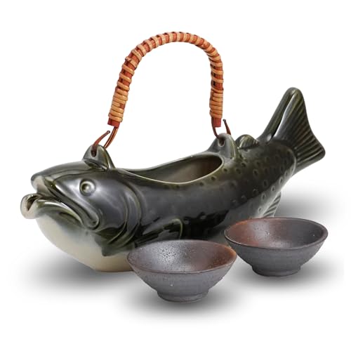COTONOHA Japanese Char-Inspired Sake Set with 25.3 fl oz Mino Ware Bottle & 2 Cups