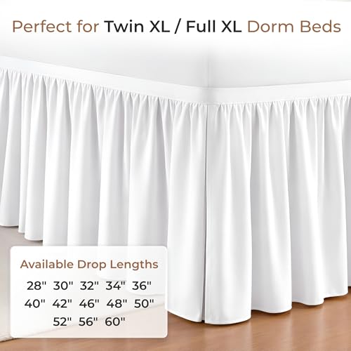Twin XL Ruffled Dorm Bed Skirt with 30 Inch Drop - White Microfiber Dust Ruffle
