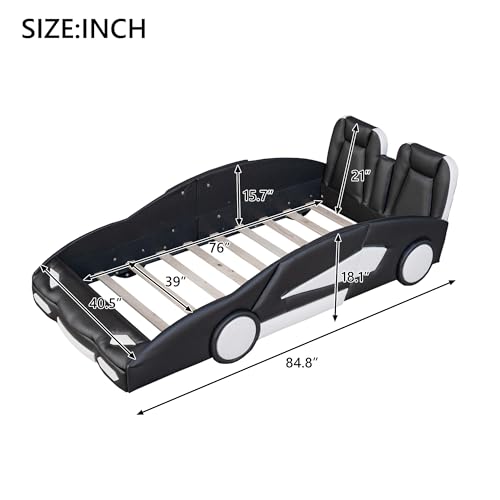 Race Car Twin Platform Bed with Wheels - Sturdy Wood Kids Bed Frame