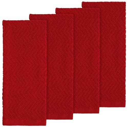 100% Cotton Kitchen Towels - Absorbent Dishcloth Set, 15x25 Inch, Red, 4-Pack