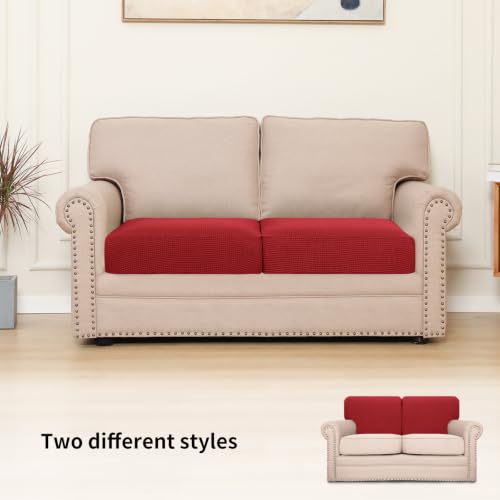 Easy-Going 2-Piece Christmas Red Stretch Sofa Cushion Cover Set for Loveseat, Elastic Protector