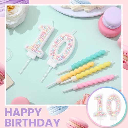 Macaron Number 10 Birthday Candle Set with 12 Pastel Rainbow Spiral Candles