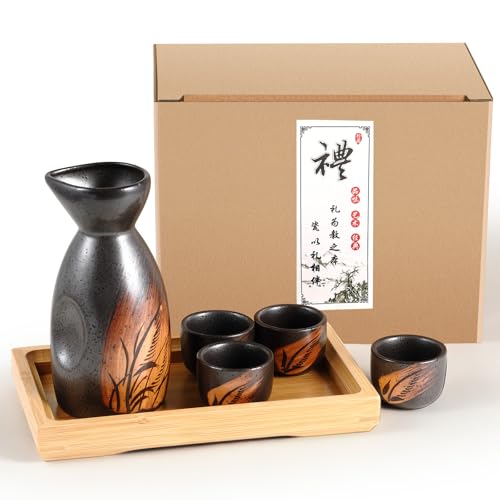 Skyley Japanese Ceramic Sake Set with Wooden & Grass Tray, 6 Pcs