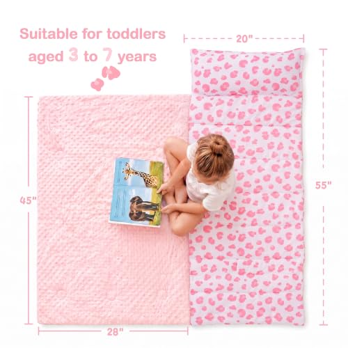 Portable Toddler Nap Mat with Minky Fleece Blanket and Pillow for Daycare