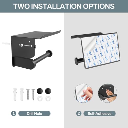 Matte Black Toilet Paper Holder with Shelf - Stainless Steel Wall Mount