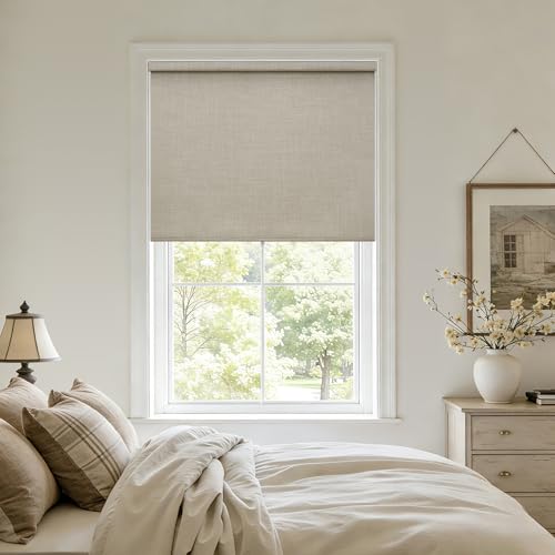 Cordless Blackout Roller Shades - 100% Linen, Free-Stop Design, 34" W x 72" H