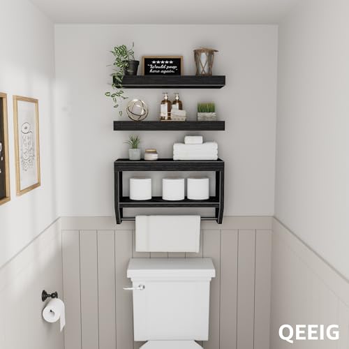 Floating Bathroom Wall Shelves - 16-Inch Wood Farmhouse Storage Set of 3