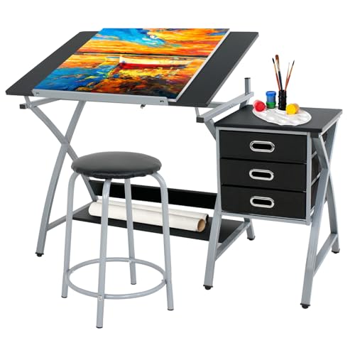 Adjustable Drafting Table and Stool Set with 3 Drawers for Art and Writing