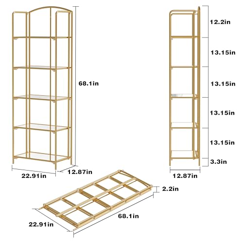 5-Tier Foldable Bookshelf, Gold Metal Frame & Transparent Shelves